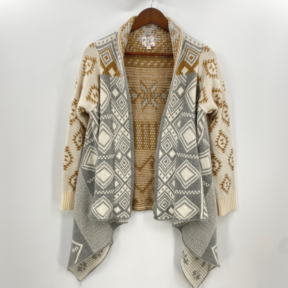 Hippie Rose Cardigan Sweater Womens Small Gray Tan Aztec Western Waterfall Boho - Picture 1 of 11